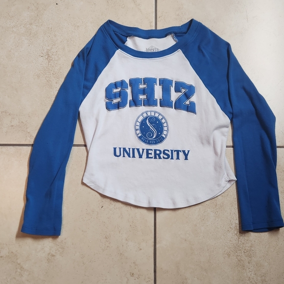 Wicked - Shiz University - Blue and White Long Sleeve Baseball Top - Size L - Picture 1 of 4
